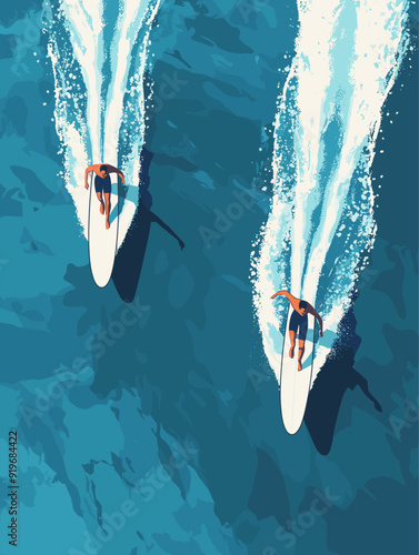 vector flat design of two surfers heading towards a wave from a top view