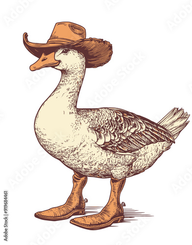 retro vintage logo illustration of a cowboy duck wearing cowboy boots and hat, isolated on white background