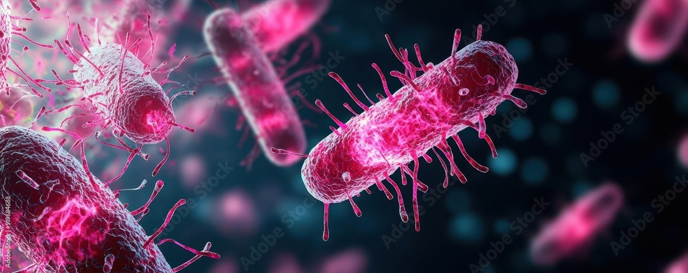 Obraz premium Bacteria mutation, dark background, glowing microorganisms, microscopic futuristic concept