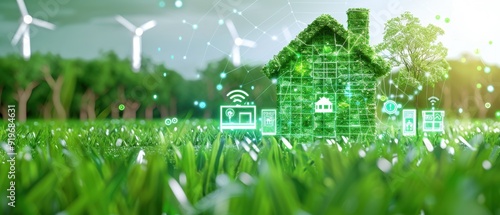 A green house surrounded by lush grass, with energy Green leaves and wind turbines in the background symbolize eco-friendly technology Generative AI photo