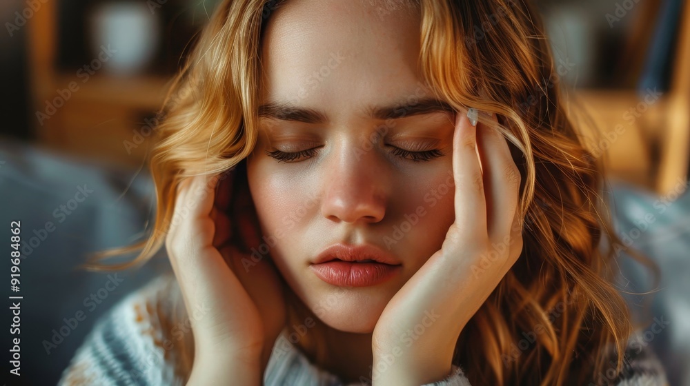 A young woman with long curly hair, wearing a white sweater, rests her hands on her face, her eyes are closed, symbolizing contemplation, peace, relaxation, introspection and emotional depth. A young woman with long curly hair, wearing a white sweater, rests her hands on her face, her eyes are closed, symbolizing contemplation, peace, relaxation, introspection and emotional depth.