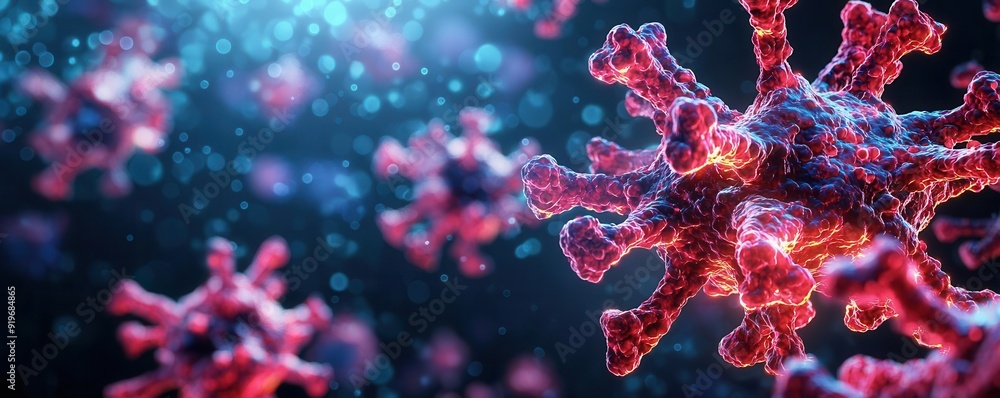 Microscopic view, mutated pathogen bacteria, dark background, intricate glowing cells Microscopic view, mutated pathogen bacteria, dark background, intricate glowing cells