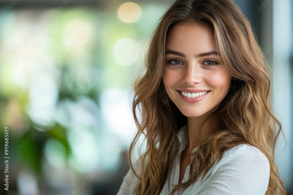 Smiling businesswoman at work in office, Generative AI Smiling businesswoman at work in office, Generative AI