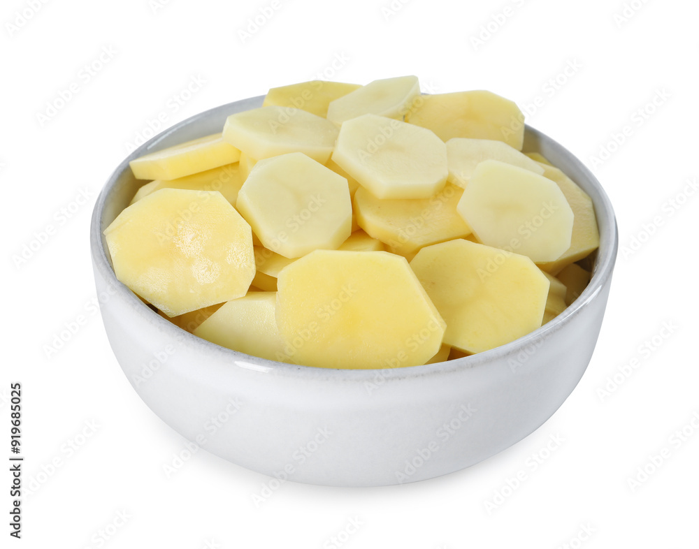 Fresh raw potatoes in bowl isolated on white Fresh raw potatoes in bowl isolated on white