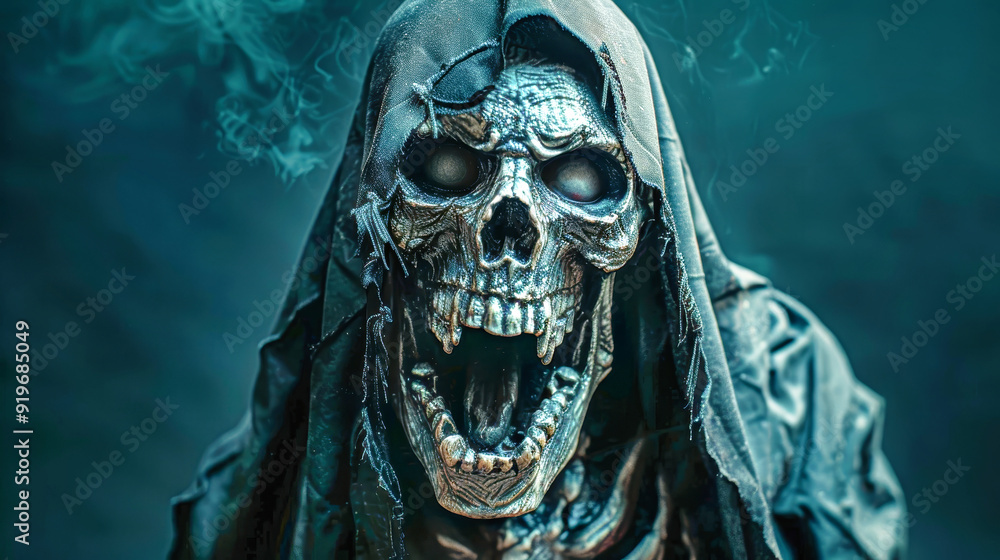 A terrifying grim reaper's skeleton head screams in fear against a black background, capturing the essence of horror and Halloween eeriness A terrifying grim reaper's skeleton head screams in fear against a black background, capturing the essence of horror and Halloween eeriness