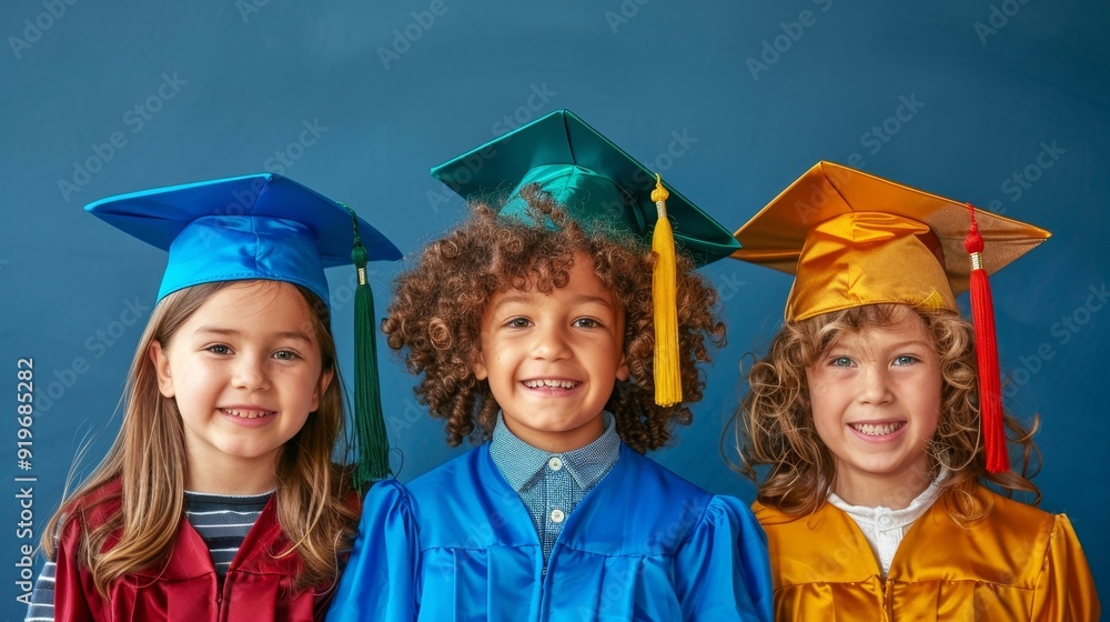 Three children, each wearing a different colored graduation cap, represent the diversity and inclusivity of education, signifying achievement, knowledge, and friendship. Three children, each wearing a different colored graduation cap, represent the diversity and inclusivity of education, signifying achievement, knowledge, and friendship.