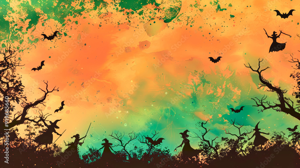 Magical silhouettes of witches and goblins framed by black trees dance beneath a vibrant gradient sky, capturing the enchanting spirit of Halloween night Magical silhouettes of witches and goblins framed by black trees dance beneath a vibrant gradient sky, capturing the enchanting spirit of Halloween night