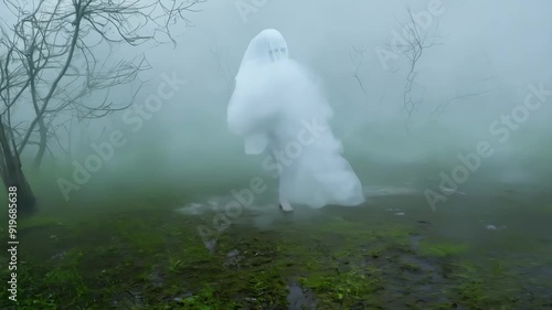 ghostly figure emerges from a thick fog in a misty, eerie forest. The white, translucent apparition hovers above the ground, surrounded by barren trees and a haunting atmosphere