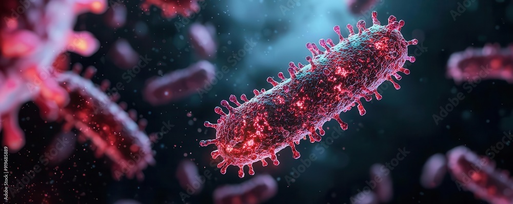 Microscopic view, mutated pathogen bacteria, dark background, intricate glowing cells Microscopic view, mutated pathogen bacteria, dark background, intricate glowing cells
