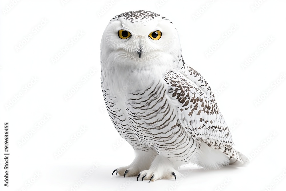 Snowy owl perched and looking around isolated on a white background