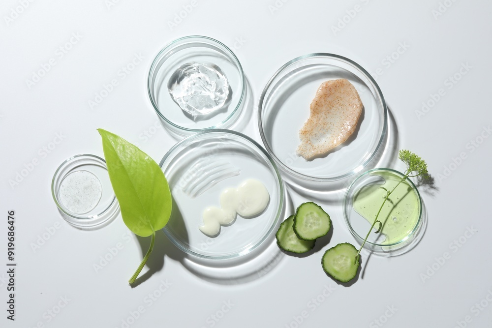 Petri dishes with different cosmetic products and leaves on white background, flat lay Petri dishes with different cosmetic products and leaves on white background, flat lay