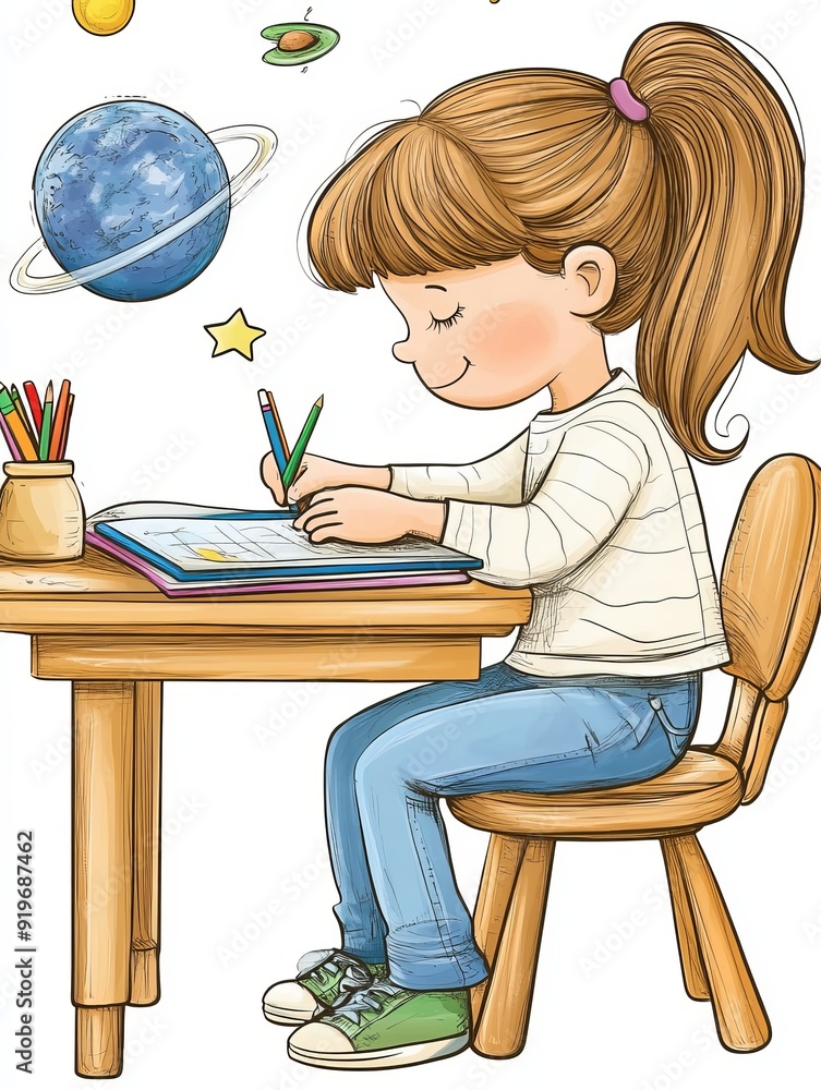 Little Girl Drawing with Space Inspired Dream