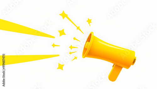 a yellow megaphone with stars and dots isolated with white highlights, png photo