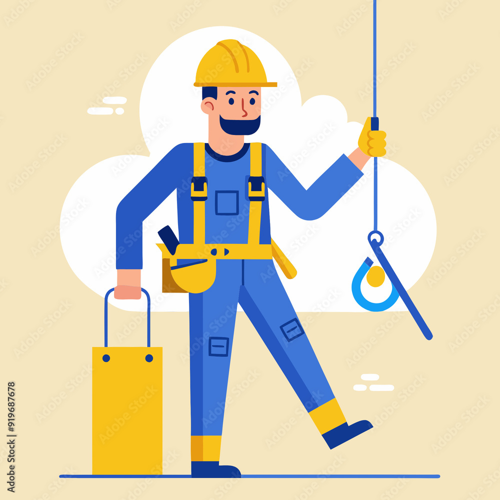 A flat illustration of a construction worker wearing a yellow hard hat and blue overalls, standing on a platform and holding safety equipment against a light blue background A flat illustration of a construction worker wearing a yellow hard hat and blue overalls, standing on a platform and holding safety equipment against a light blue background