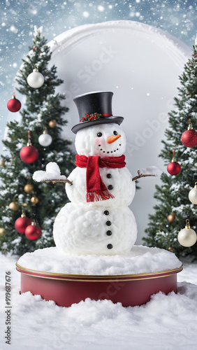 Christmas snowman product display podium in the snow, Xmas product stand with product presentation space in a winter wonderland, Christmas scenery, Snow man podium with presentation space, ad, podium 