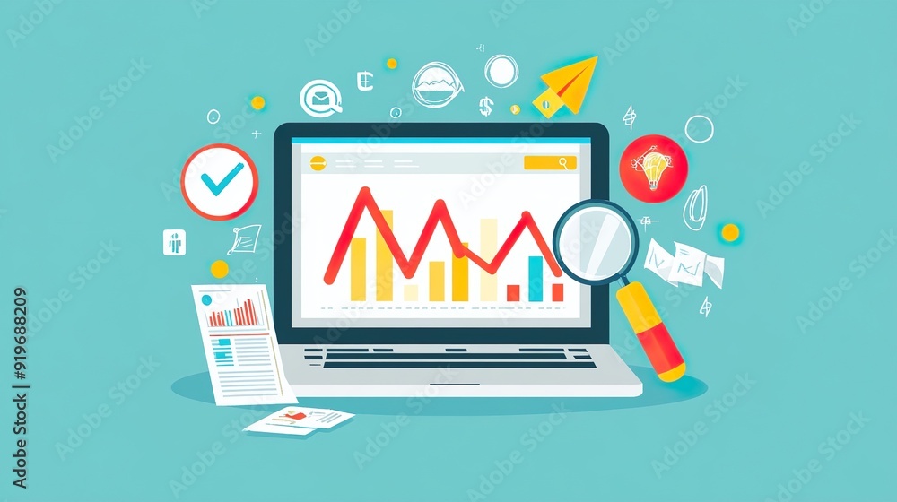 A laptop screen shows a graph with a magnifying glass on it A laptop screen shows a graph with a magnifying glass on it