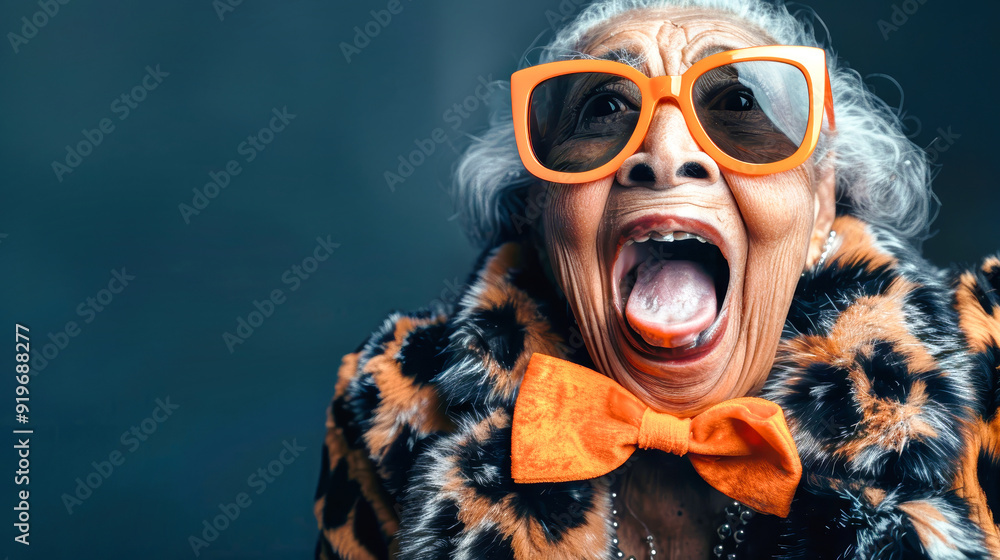 An elderly woman in a fur coat and orange sunglasses screams with excitement, embodying the lively spirit of Halloween amidst an isolated background An elderly woman in a fur coat and orange sunglasses screams with excitement, embodying the lively spirit of Halloween amidst an isolated background