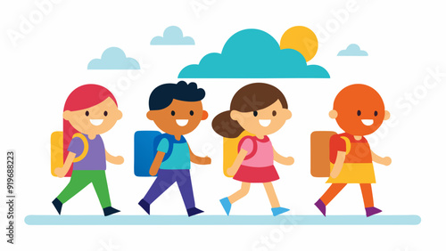 happy little kids going to school color vector art illustration