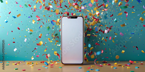 A 3D-rendered image of a smartphone surrounded by colorful confetti exploding against a teal background, symbolizing celebration, victory, or achievement