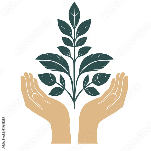 hands holding tree, plant in hands vector logo 