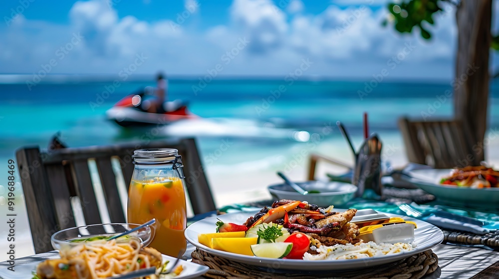 A breakfast at hotel resort on a tropical beach as enjoying the sea tasty food at a beach cafe and a jet ski passed by in the distance