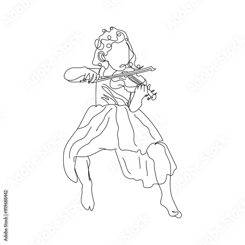 dessin en ligne continue d'une petite fille jouant du violon, line art, vecteur