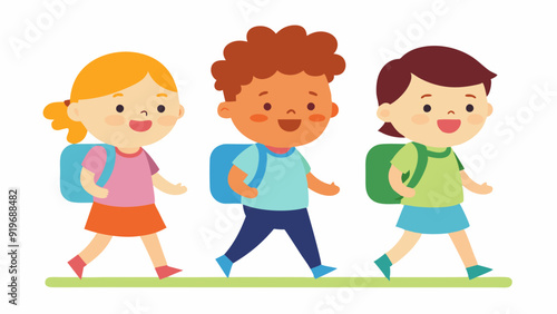 happy little kids going to school color vector art illustration