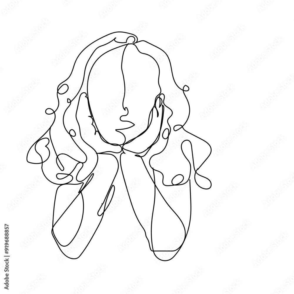 dessin en ligne continue d'une jeune fille se tenant la tête avec les deux mains, line art, vecteur dessin en ligne continue d'une jeune fille se tenant la tête avec les deux mains, line art, vecteur