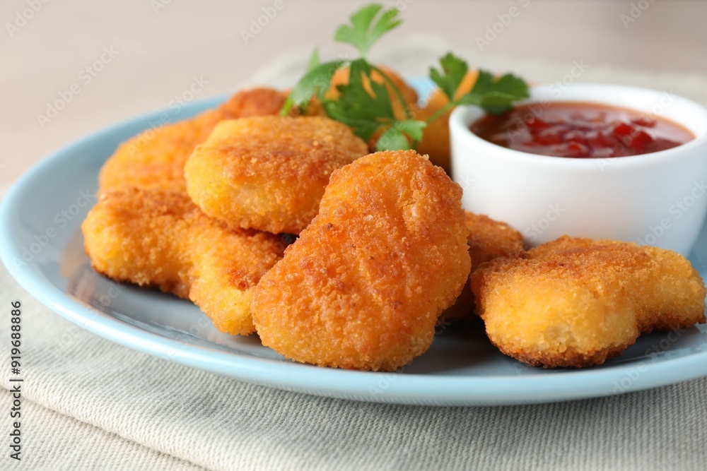 Tasty chicken nuggets with chili sauce and parsley on table, closeup Tasty chicken nuggets with chili sauce and parsley on table, closeup