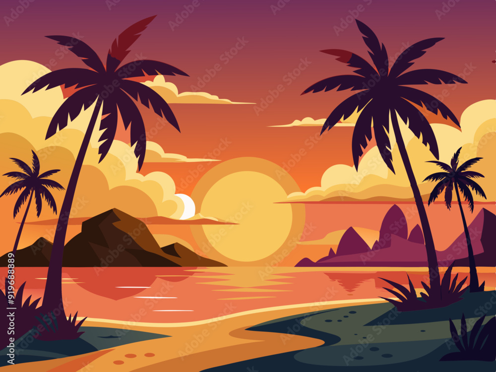 Island sunset landscape. Cartoon silhouette beach scene with palms tree in evening. Panoramic summer season background. Thailand and California horizon Vector concept
Island sunset landscape. Cartoon silhouette beach scene with palms tree in evening. Panoramic summer season background. Thailand and California horizon Vector concept