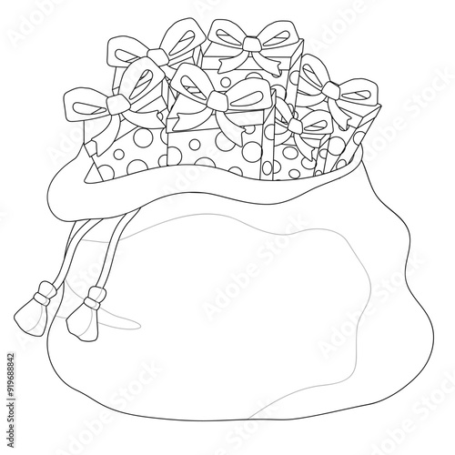 Santa's open sack full of gifts. Black outline on a white background. Winter vector illustration for coloring book. Worksheet.
