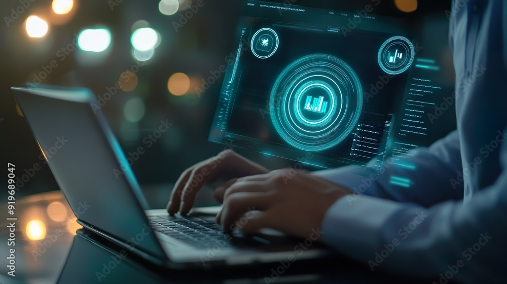 A person is typing on a laptop with a green screen that has a circle with the le A person is typing on a laptop with a green screen that has a circle with the le