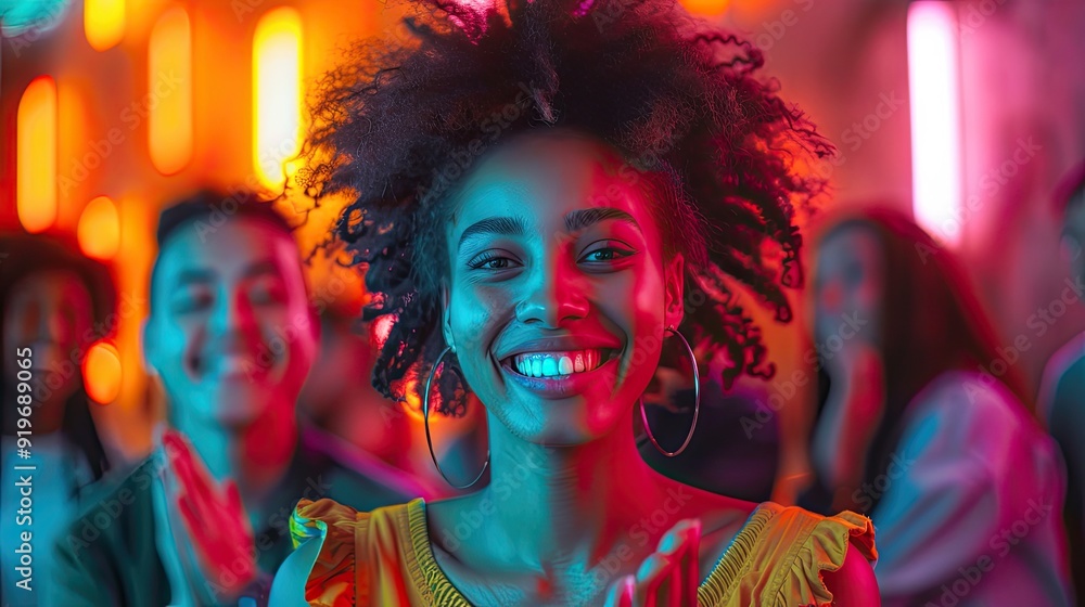 Obraz premium A young woman smiles brightly at the camera while dancing with friends at a brightly lit party.