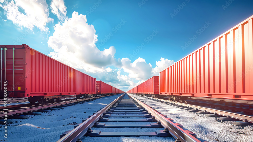 Obraz premium Trains loaded with cargo containers await delivery under a bright blue sky at a bustling logistics industrial port