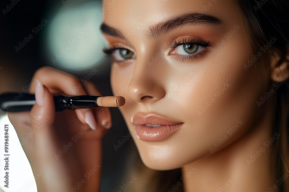 A young woman skillfully applies concealer to her face while preparing for an evening out in a softly lit room A young woman skillfully applies concealer to her face while preparing for an evening out in a softly lit room