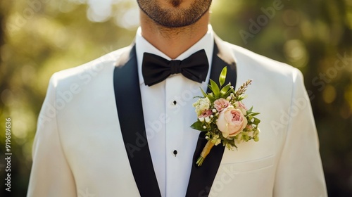 A groom dressed in a stylish tuxedo with a black bow tie and a floral boutonniere stands confidently outdoors. photo