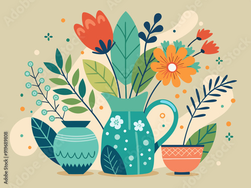Abstract flower, plant, vase. Floral vase with flowers. Doodle simple leaves, herbs, botanic elements for poster design. Spring nature shape in pots, jugs vector concept
