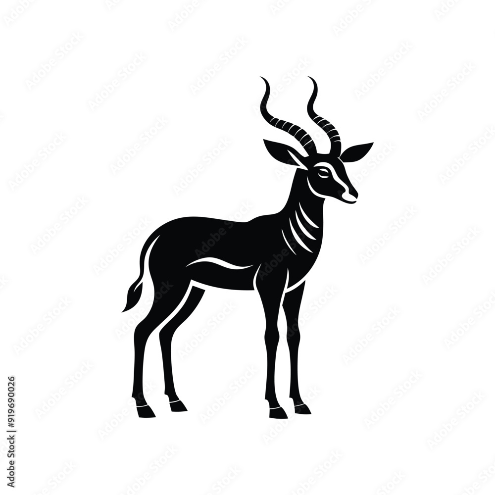 Fototapeta premium Silhouette impala animal full body black color, Stylish Gazelle Silhouette Premium Vector Art for Animal and Wildlife Themed Projects, Gazelle silhouette black antelope Ghazal vector