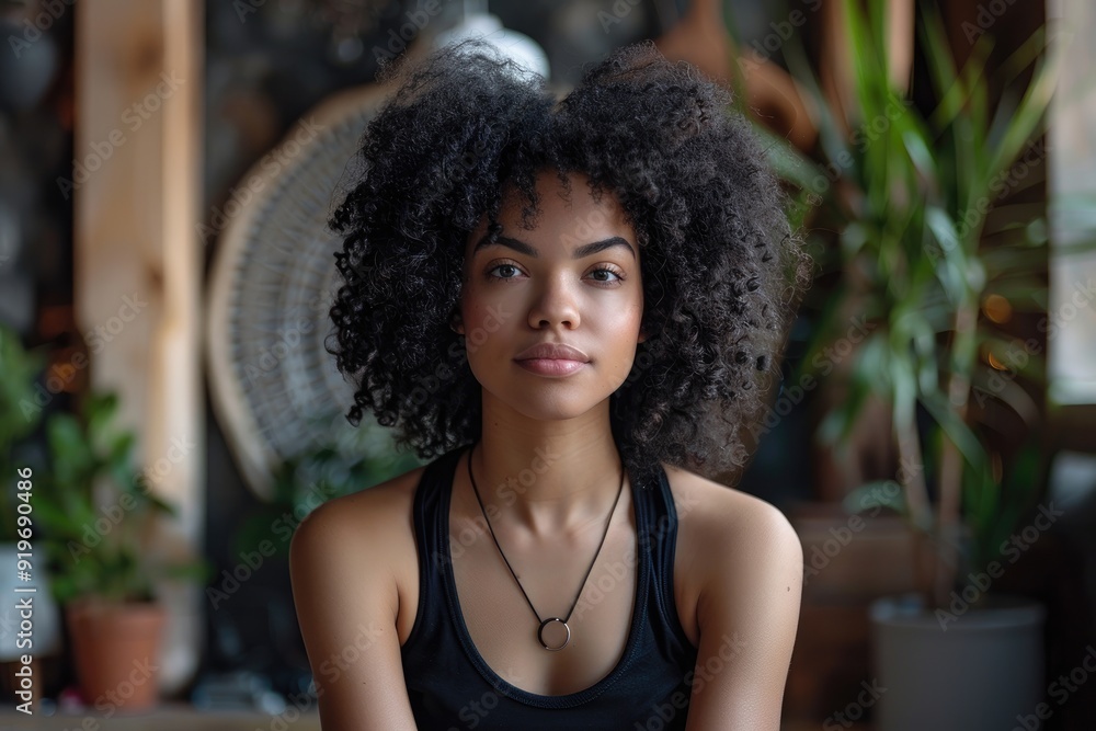 A young woman with curly hair looks directly at the camera. She wears a black tank top and a necklace. A young woman with curly hair looks directly at the camera. She wears a black tank top and a necklace.