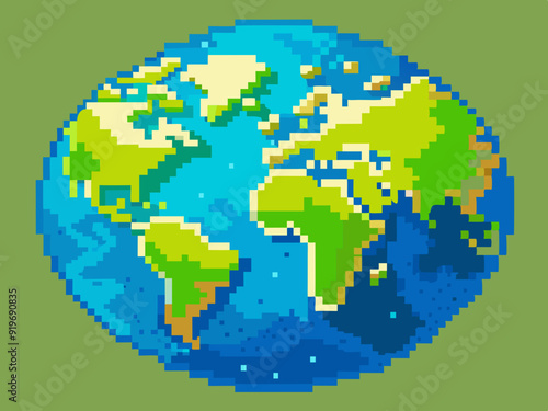 Pixel Earth. Globe world map in color and silhouette pixel art 8 bit style, oceans and continents. Earth planet for retro game and eco concept. Vector isolated icons 
