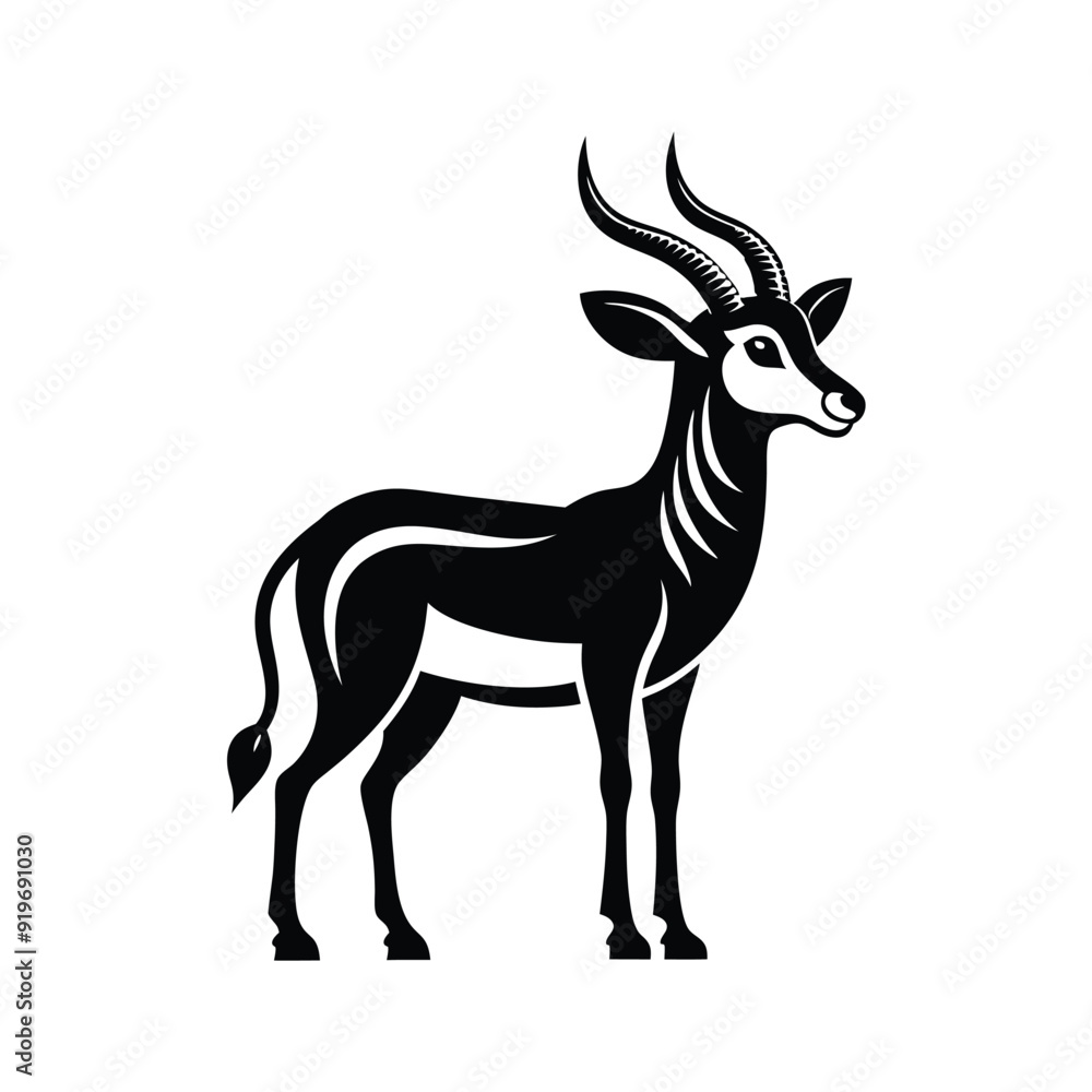 Fototapeta premium Silhouette impala animal full body black color, Stylish Gazelle Silhouette Premium Vector Art for Animal and Wildlife Themed Projects, Gazelle silhouette black antelope Ghazal vector