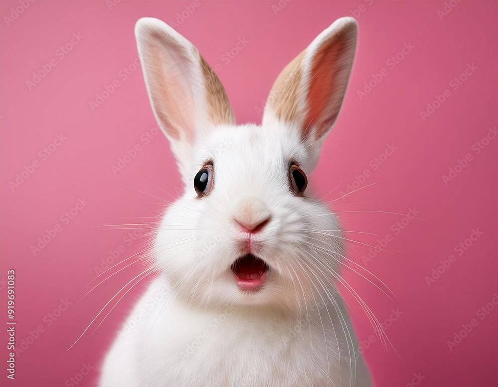 Obraz premium Portrait of a white cute rabbit with surprised expression on a pink background