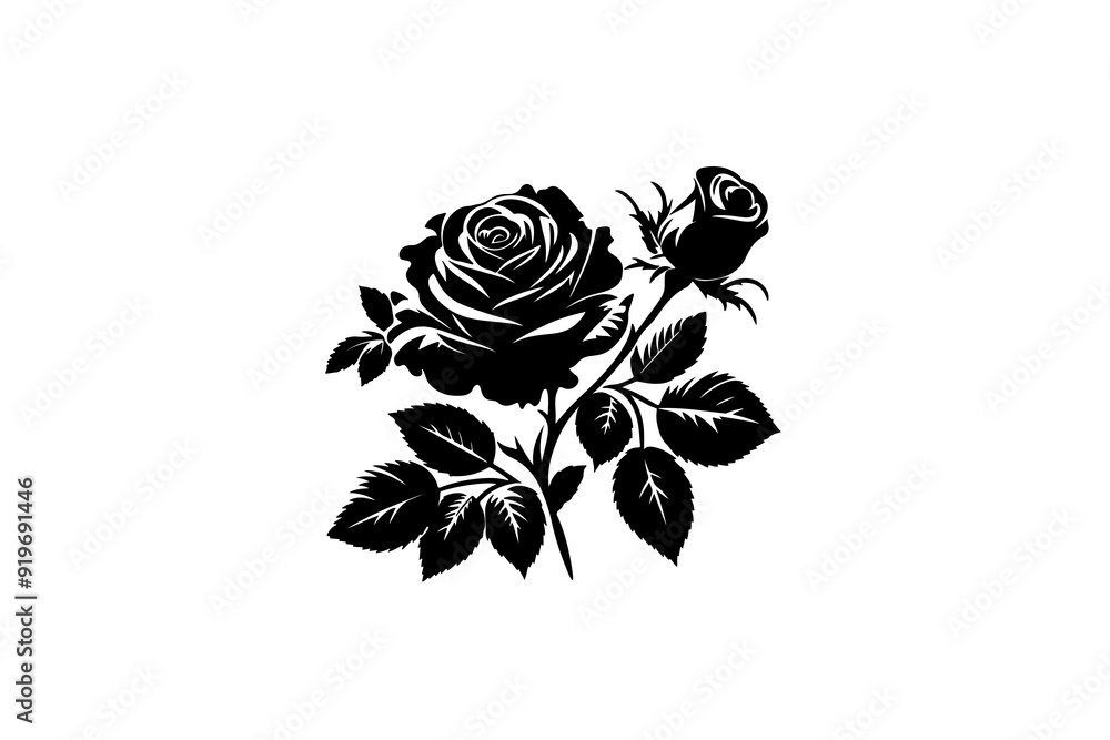 Obraz premium A vector illustration featuring a black silhouette of a rose, complete with a rosebud and leaves, set against a white background.