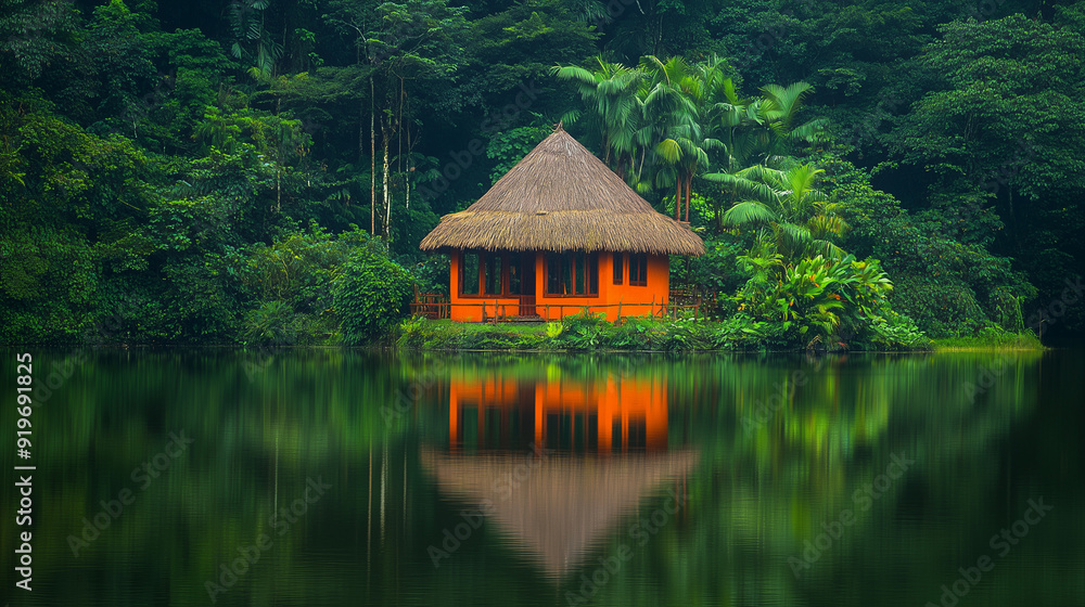 A peaceful house with a thatched roof, surrounded by the lush greenery of the tropical jungle, reflected in the calm waters of the lake. A peaceful house with a thatched roof, surrounded by the lush greenery of the tropical jungle, reflected in the calm waters of the lake.