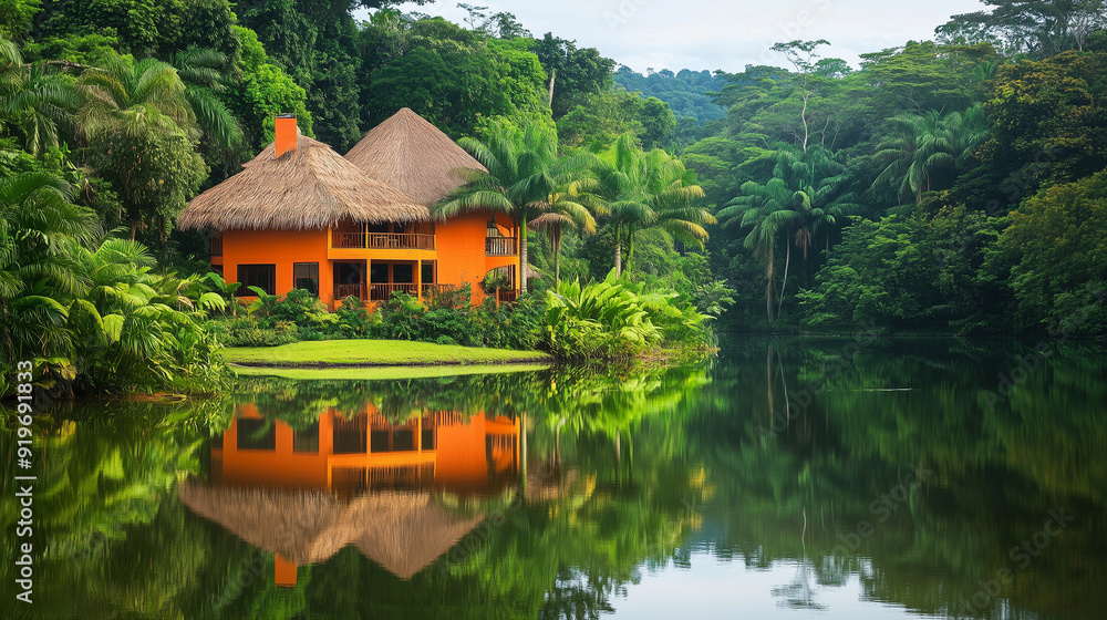 A peaceful house with a thatched roof, surrounded by the lush greenery of the tropical jungle, reflected in the calm waters of the lake.