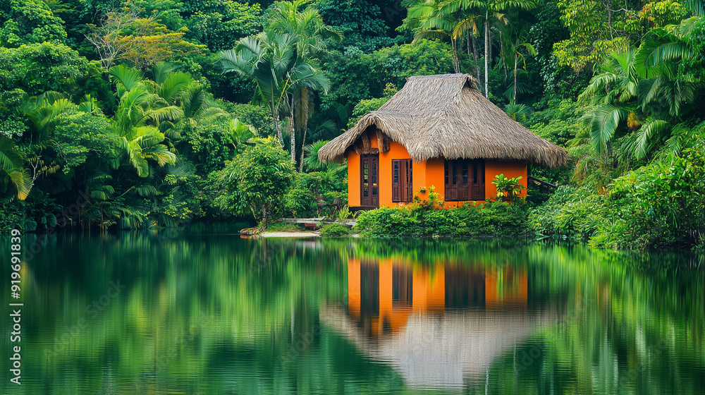 A peaceful house with a thatched roof, surrounded by the lush greenery of the tropical jungle, reflected in the calm waters of the lake. A peaceful house with a thatched roof, surrounded by the lush greenery of the tropical jungle, reflected in the calm waters of the lake.