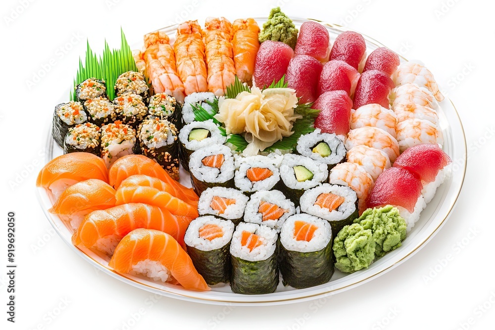 Sushi platter with assorted rolls and wasabi isolated on a white, top view Sushi platter with assorted rolls and wasabi isolated on a white, top view