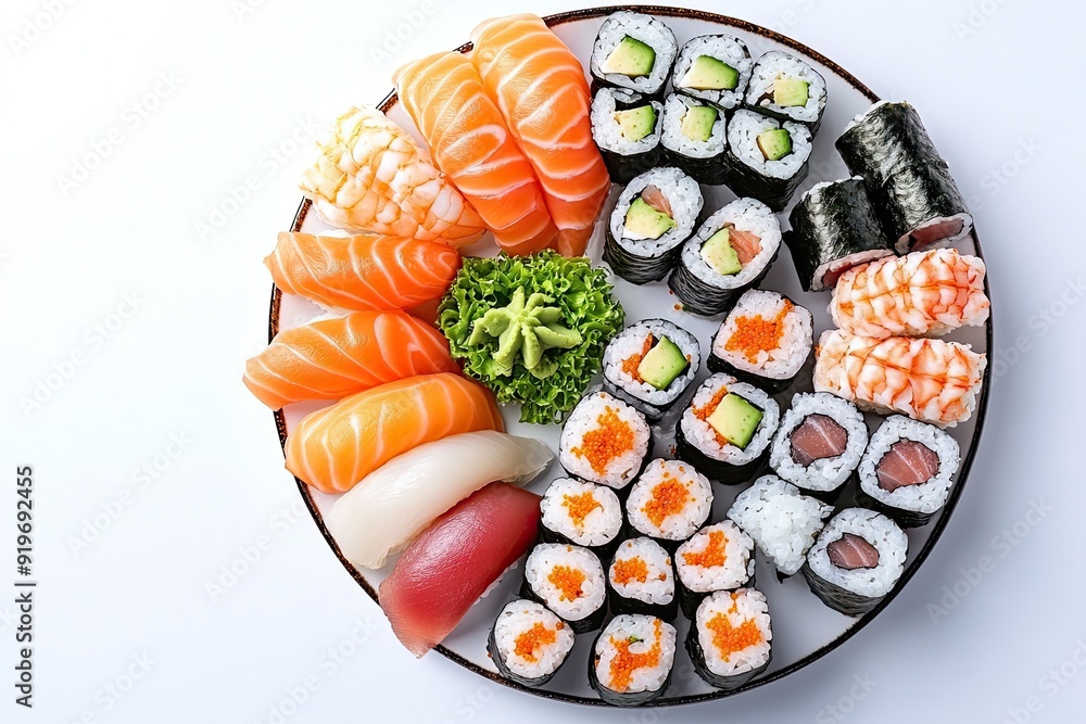 Sushi platter with assorted rolls and wasabi isolated on a white, top view Sushi platter with assorted rolls and wasabi isolated on a white, top view
