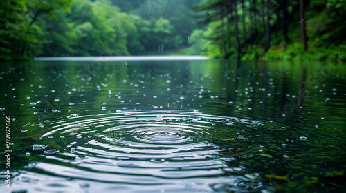 Raindrops creating ripples on lake surface