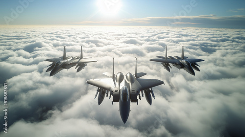 A small squadron of technologically advanced fighter jets flies in precise formation above the cloud layer.